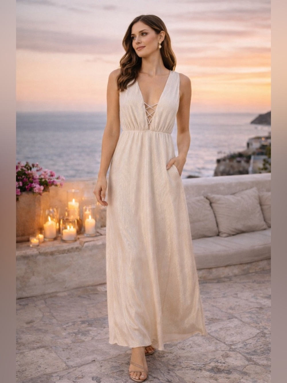 WAYF Cream Plunge Maxi Dress ✨ Lace-Up Front Resort Sunset Wedding Guest Gown